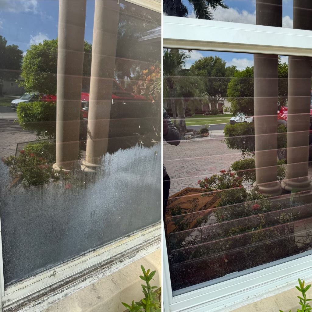 Hard water calcium deposit removal before and after — window glass