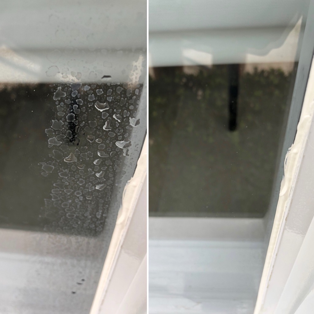 Hard water stain removal before and after — glass panel